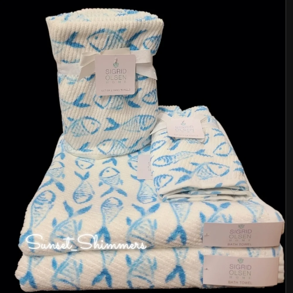 6pc Sigrid Olsen Blue Fish Coastal Nautical Sea Bath Hand Tip Towel Set New